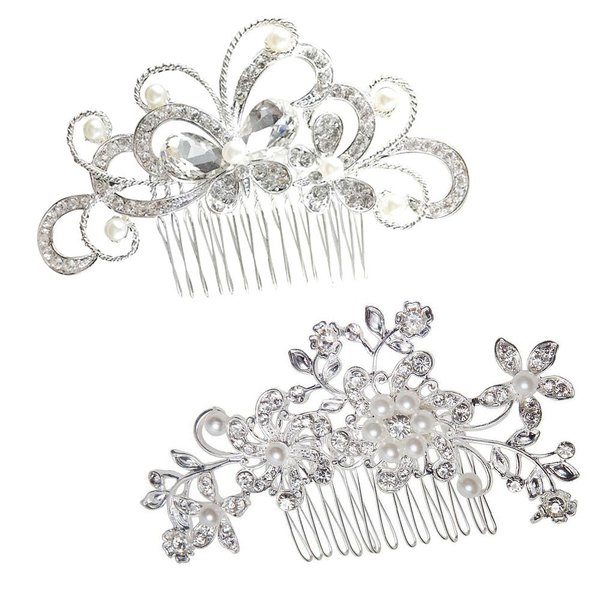 yueton Pack of 2 Bridal Wedding Silver Crystal Rhinestones Pearls Women Hair Comb