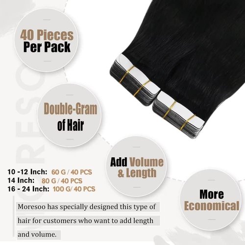 Moresoo Tape in Hair Extensions Human Hair Black Hair Extensions Invisible Tape in Extensions Real Human Hair Jet Black Tape in Human Hair Extensions Silky Straight Hair 20 Inch #1 40pcs 100g