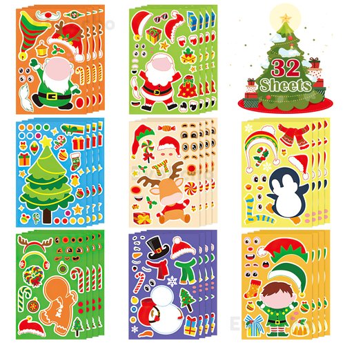 EvoEcho 32 Sheets Christmas Make Your Own Stickers Christmas DIY Make a Face Stickers for Kids Christmas Party Games Favors Toddler Holiday Crafts Xmas Gifts Christmas Tree Santa Claus Cartoon Sticker