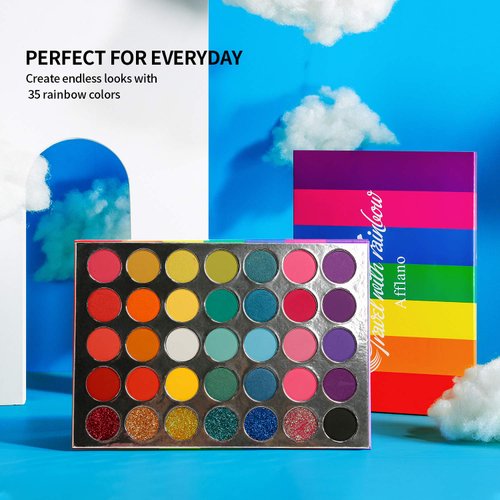 Afflano Rainbow Eyeshadow Palette Matte Shimmer Pressed Glitter, Pigmented Colorful Eye Shadow Pallets, Pink Red Orange Yellow Green Blue Purple 35 Color, Bright Prime Makeup Palette