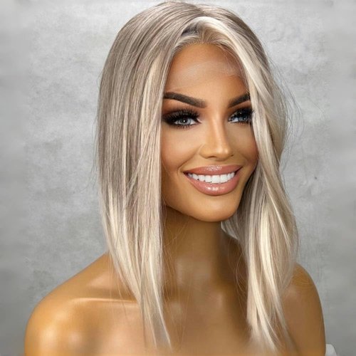 Ash Blonde White Balayage Highlights Streaks Bob Lace Front Wigs Dark Grey Ombre Blonde Silky Straight Wig with Dark Roots HD Lace Frontal Japanese Synthetic Platinum Highlight Wigs for Women 16 Inch
