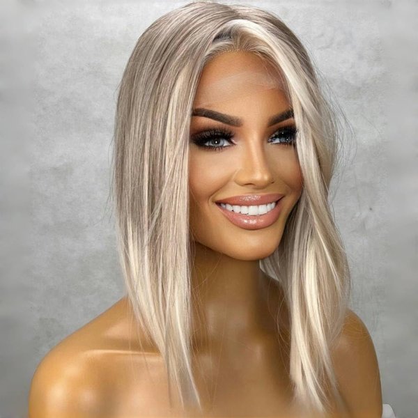 Ash Blonde White Balayage Highlights Streaks Bob Lace Front Wigs Dark Grey Ombre Blonde Silky Straight Wig with Dark Roots HD Lace Frontal Japanese Synthetic Platinum Highlight Wigs for Women 16 Inch