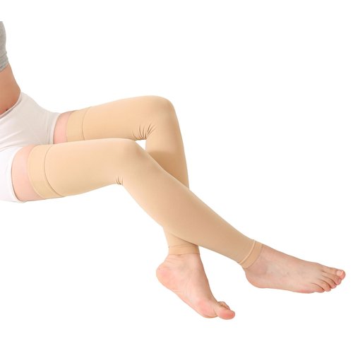 TOFLY® Medical Thigh High Compression Stockings Footless for Women & Men, Opaque Support Hose, 20-30mmHg Graduated Compression Socks with Silicone Band for Varicose Veins, Edema, DVT, 1 Pair Beige L