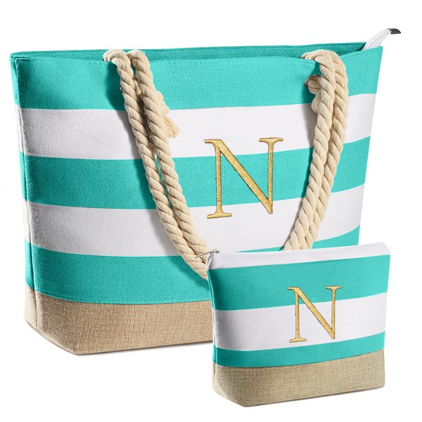 YOOLIFE Personalized Birthday Gifts for Mom - Monogram Canvas Beach Tote Bag with Makeup Bag Swim Pool Bag with Zipper Birthday Gifts for Women Bridesmaid Teacher Friends Female Travel Essential N
