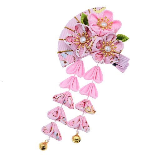 Japanese Style Women Flower Hair Clip Tassel Hair Ornament, Kimono Decor Fabric Hanfu Hairpin Accessories For Christmas Party Costume Gift (Pink)