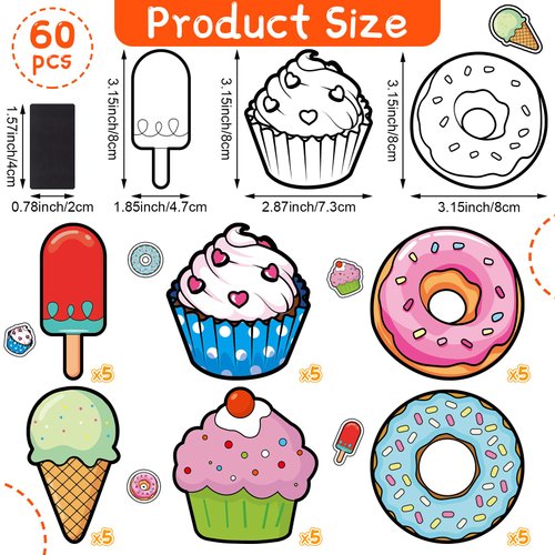 Gemscream 30 Pcs Dessert Crafts Color Your Own Sweet Treat Magnets for Kids DIY Coloring Ice Cream Magnet Kits for Art Donut Party Favors Birthday School Activities Ornaments