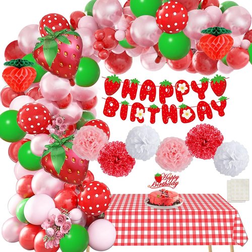 Strawberry Birthday Decorations, 55Pcs Strawberry Balloons Arch Kit with 18 Inch Strawberry Foil Balloons for Sweet Girl Baby Shower Berry First Fruit Themed Birthday Supplies