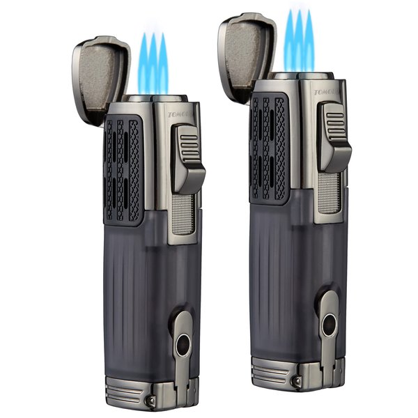 TOMOLO Torch Lighter Triple Jet Flame Refillable Butane Cigar Lighter with Cigar Punch,2 Pack,Charcoal