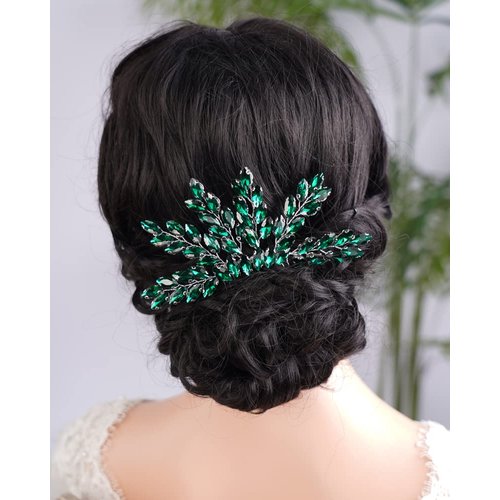 Kercisbeauty Emerald Crystal Hair Comb for Wedding Women Bridal Green Rhinestones Hair Piece Jewelry Vintage Boho Handmade Hair Accessories (Green)