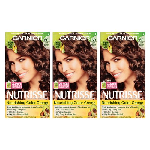 Garnier Nutrisse Nourishing Hair Color Creme, 60 Light Natural Brown (Acorn), 3 Count