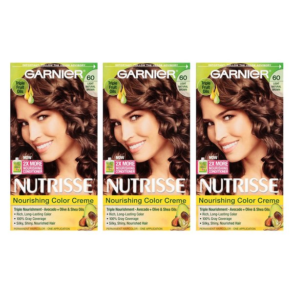 Garnier Nutrisse Nourishing Hair Color Creme, 60 Light Natural Brown (Acorn), 3 Count