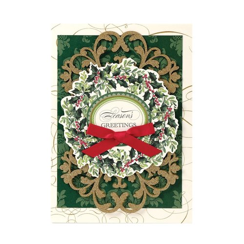 Handmade Dimensional Holly Wreath Christmas Cards Embellished with Glitter By Anna Griffin -- Set of 10 Cards and Envelopes