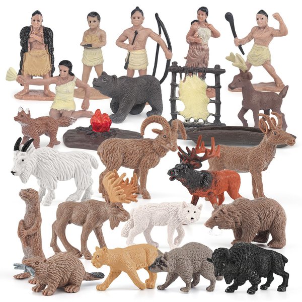 Sinmelechtra Indian Hunting Figures Set 24PCS Elk, North American Bison, Moose，Deer Hide, Warriors, Chief Party Favors Toys for Boys Girls Kids
