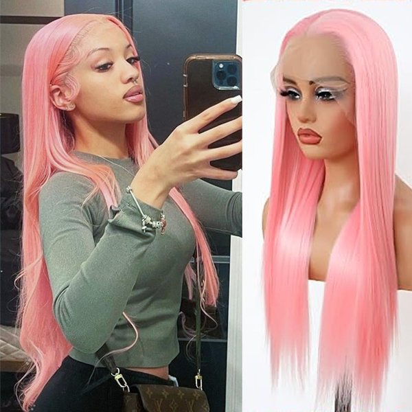 Aubree Light Pink Long Straight Wigs Synthetic Lace Front Wigs Natural hairline wigs for Party Cosplay Glueless Pre Plucked Wigs for Black Women Heat Resistant Synthetic Fibers Hair