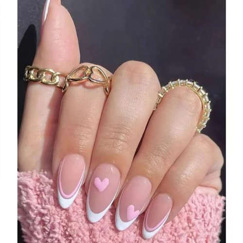 24 Pcs French Square Almond Press On Nails Medium Length for Women Girl Glue On Nails False Nails Acrylic Nail Fake Nails (Pink Heart)