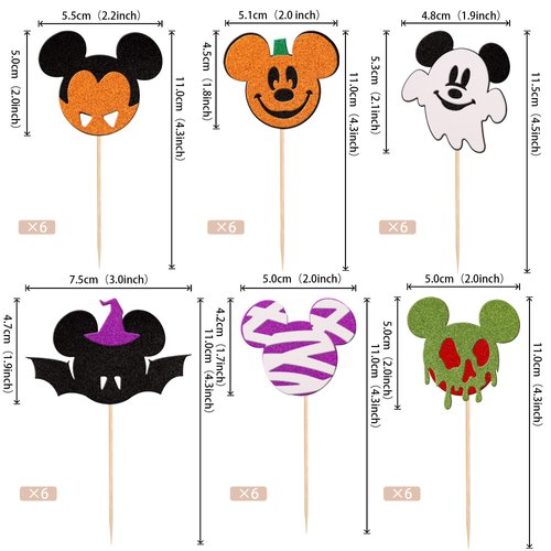 36 PCS Mini Mouse Inspired Halloween Cupcake Toppers Glitter Witch Hat Bat Zombie Mummy Ghost Spooky Cupcake Picks for Halloween Mini Theme Baby Shower Birthday Party Cake Decorations Supplies