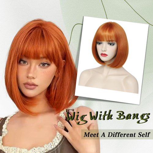 Angzon Orange Bob Wigs with Bangs Short Straight Bob Wigs For Women Shoulder Length Synthetic Bob Wigs For Halloween Daily Party Cosplay