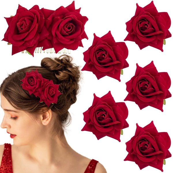 6 Pcs Red Rose Flower Hair Comb Clips Floral Brooch Hairpin Fabric Rose Hair Clips Bridal Flower Headpiece Wedding Accessories for Women Girls