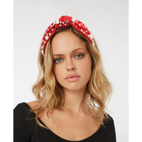 Wecoe 2 Pack Knotted Headbands Rhinestone Pearl Headband Women Girls Red Royal Blue Wide Headbands Non Slip Fashion Cloth Sparkly Diamond Beaded Headbands Hair Accessories For Women Girls Gifts