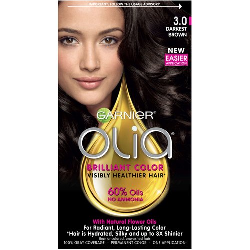 Garnier Olia Ammonia Free Permanent Hair Color, 100% Gray Coverage (Packaging May Vary), 3.0 Darkest Brown Hair Dye, Pack of 1