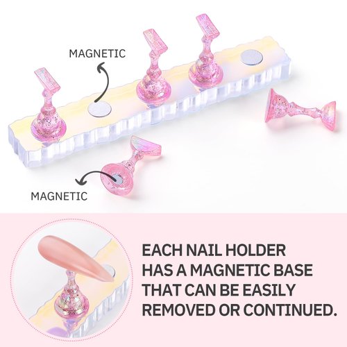 Etercycle 2 Set Nail Holder for Display Painting Nails - Aurora Acrylic Magnetic Practice Nail Stand Set - Fake Nail Holder for Press On Nails with Reusable Adhesive Putty (Transparent + Pink)