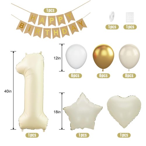 1st Birthday Decoration for Boys Girls, Cream White Gold 1st Birthday Balloon, 40 Inch Number 1 Balloon Sand White Star Heart Foil Balloons and Birthday Banner for Baby 1 Year Old Birthday Party Decor