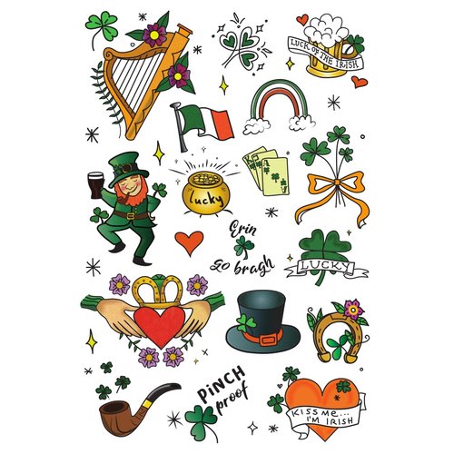 Temporary Tattoo Set By Tatsy, St. Patrick's Set, Fake tattoos, St Patrick's day tattoos, Irish Day, For Kids, For Borys, For Girls, For Adults, Unique Design, Cover Up, Accessories, Irish flag tattoo