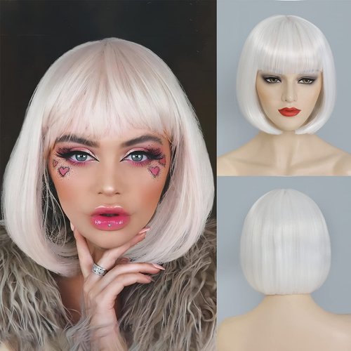 YBYMCAI White Bob Wig With Bangs Short White Bob Wigs For Women Straight Bob Bangs Wig 10 Inch Heat Resistant Synthetic Hair Natural Looking For Daily Party Use
