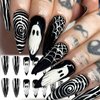 Ghost Face Press on Nails Gel Glue on Nails 24Pcs Glossy White Spider Web Acrylic Long Stiletto Halloween False Nails Whirlpool Full Cover Fake Nails Stick on Nails for Women Girls with Halloween