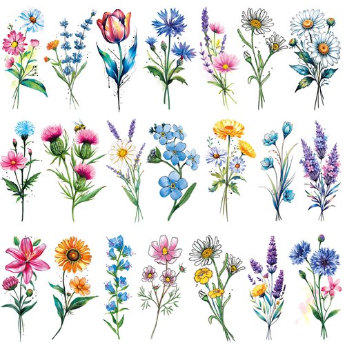 Tazimi 20 Sheets 3D Watercolor Flowers Temporary Tattoos For Women Girls Lily Daisy Lavender Dandelion Rose Tiny Floral Tattoos Sticker Realistic Long Lasting Fake Tattoo Stickers