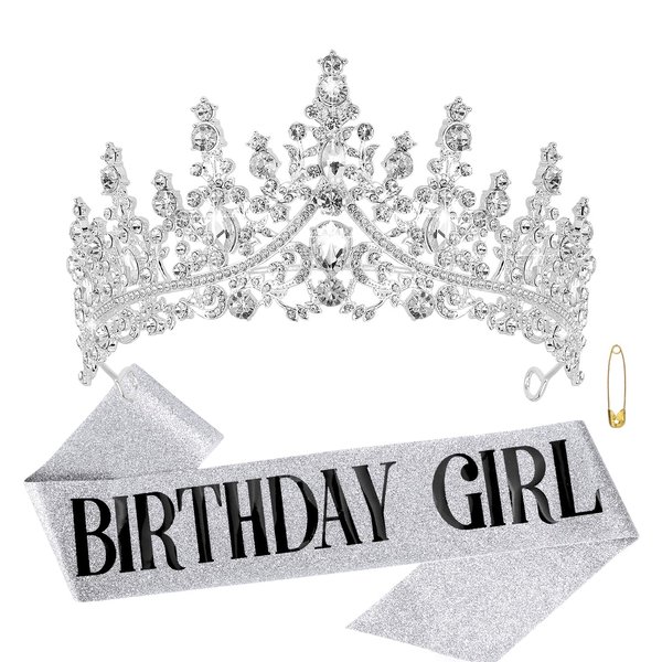 CHANACO Birthday Crown Tiaras for Women Birthday Girl Sash Silver Crystal Birthday Tiara Rhinestone Birthday Headband Princess Crown for Girls Hair Accessories Happy Birthday Party Decorations