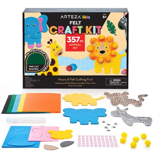 ARTEZA Kids Felt Kit, 357 Pieces, 25 Pre-Cut Animal Shapes, 5 Felt Sheets, 140 Mini-Pieces, Gemstone Stickers, Yarn, and Glue