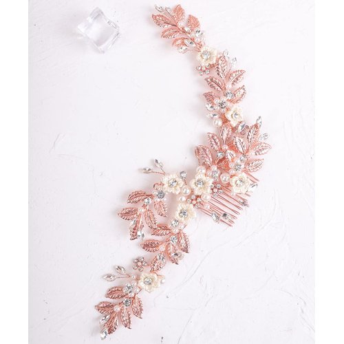 Xerling Wedding Flower and Leaf Hair Comb for Brides Vintage Hair Vine for Women Bridal Rhinestone Comb Hair Accessory Girl Pearl Hair Piece Jewelry (Rose Gold)