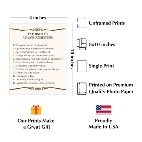 "12 Things To Always Remember" - Inspirational Wall Art Print – Motivational Wall Decor for Home, Office, Bedroom, Classroom & School - Unframed 8x10" Quote Poster Print