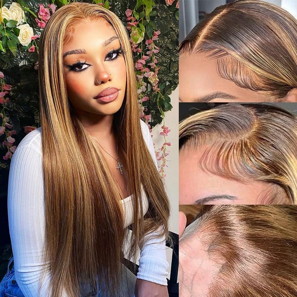 Durreley 22 Inch Ombre Lace Front Wigs Human Hair Pre Plucked 180% Density Glueless 4/27 Colored Honey Blonde Wig Human Hair Highlight 13x6 HD Lace Front Wigs Human Hair for Black Women