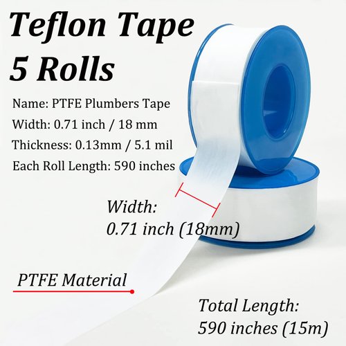 5 Rolls Premium Teflon Tape Plumbing, Plumbers Tape for leaks, PTFE Tape, Thread Seal Tape for Shower Head, Waterproof Pipe Sealant Tape, Water Hose Faucet Repair Sealing Tape (0.71Inch*590Inches)
