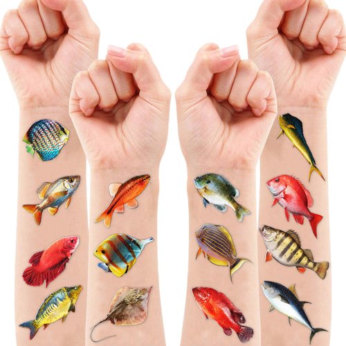 Generic Fishing Temporary Tattoos - Gone Fishing Fish Lake 96 PCS Funny Fish Themed Stickers for Kids Birthday Party Supplies, Decorations, Favors and Prizes - Cute Gifts for Boys and Girls