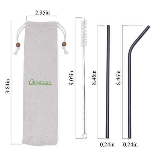 18 Piece Black Stainless Steel Straws, 8.5 '' Reusable Drinking Straws,with Portable pouch (8 Straight/8 Bent/2 Brushes)