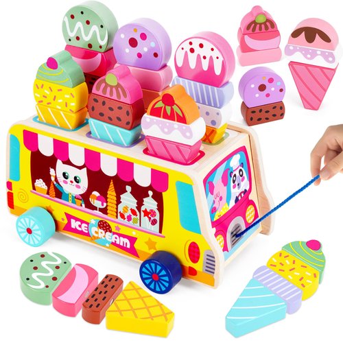 Toddlers Wooden Ice Cream Toys for Kids Ages 2-5, Magnetic Ice Cream Cart, Ice Cream Truck Toy, Pretend Play Food, Montessori Toys for 2 Years Old Girls Boys Birthday Gifts(25 pcs)