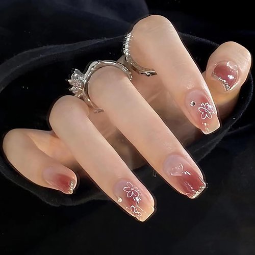 Short square press on nails，pink press on nails，fake nails with designs flowers，Flower Press on nails，Gradient color press on nails，Press ons nail for women and girls 24pcs
