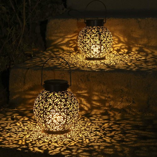 Solar Lanterns Outdoor Hanging Solar Lights Decorative Garden Lights Metal Waterproof Table Lamp for Patio Porch Backyard Pathway (2 Pack)