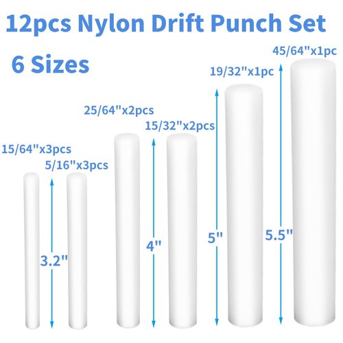 12 Pcs Nylon Drift Punch Set, Non-marring Non-sparking Nylon Rod, 15/64, 5/16, 25/64, 15/32, 19/32, 45/64 inches
