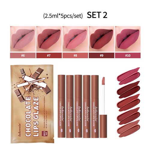BAISEN DIARY 5 Pcs/set Silky Texture Chocolate Matte Lipsticks Set, Matte Finish, Non-stick, Waterproof Lip Gloss Chocolate Lip Glaze Set, Up to 12 Hours Lip Makeup (Set 02, 5PCS)