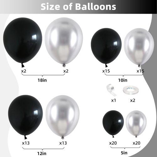 Black and Silver Balloon Garland Kit, Metallic Silver and Black Balloon Arch Kit, 100Pcs Chrome Silver Latex Black Balloons Different Sizes for Wedding Bridal Shower Birthday Graduation Party Supplies