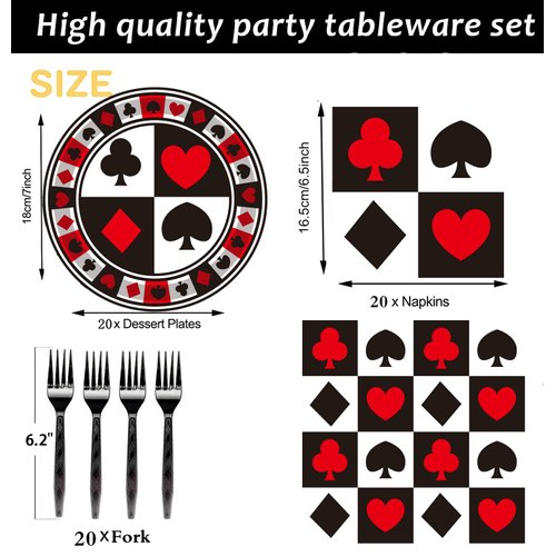 60Pcs Casino Party Supplies Poker Tableware Set 7"Poker Paper Plates and Casino Napkins Fork for Casino Night Poker Game Themed Poker Card Playing Club Heart Casino Birthday Party Decorations(Serve20)