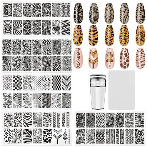 KAAGEE 5Pcs Nail Stamping Plates Leopard Print Nail Stamps Nail Art Stamping Plates Nail Stencils Nail Plate Template Nail Art Stamping Kit Nails Accessories with 1 Nail Stamper, 1 Scraper