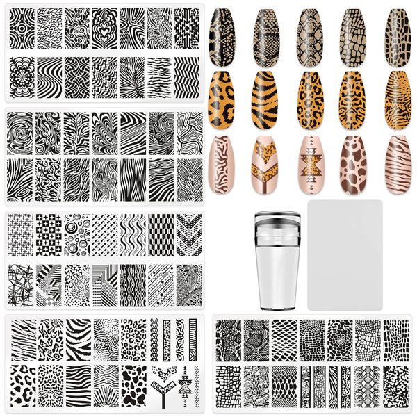 KAAGEE 5Pcs Nail Stamping Plates Leopard Print Nail Stamps Nail Art Stamping Plates Nail Stencils Nail Plate Template Nail Art Stamping Kit Nails Accessories with 1 Nail Stamper, 1 Scraper