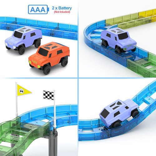 ELX Magnetic Tiles Race Track Set,59PCS Magnet Building Blocks Track with 2 Cars and Roads Signs,STEM Education Magnetic Toy for Toddlers Ages 3+,Christmas Birthday Present for Kids