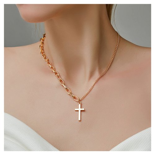 YienDoo Simple Cross Necklace Asymmetric Chain Cross Pendant Necklace Paperclip Chain Fashion Jewelry for Women (Gold)