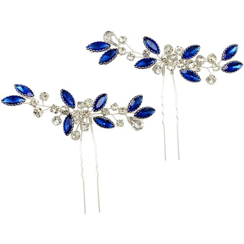 Crystal Bridal Hair Pins Sparkle White Blue Rhinestone Wedding Hair Piece Accessories for Women Girls (Pack of 2) (Blue)